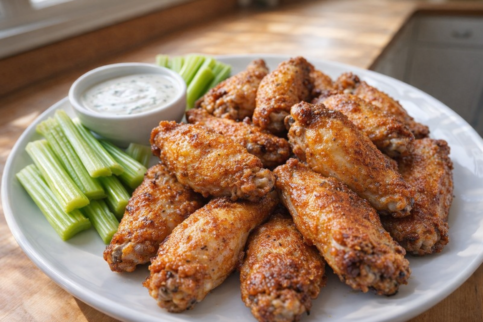 A high-angle shot of perfectly baked chicken wings arranged on a white plate, golden brown and crispy, with a side of ranch dipping sauce and celery sticks, bright natural light